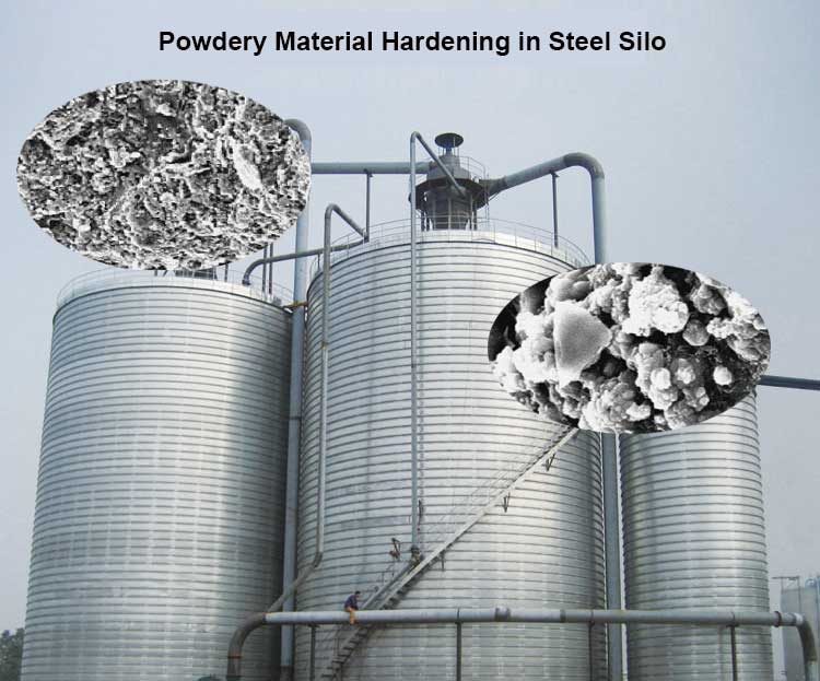 powdery material hardening in steel silo